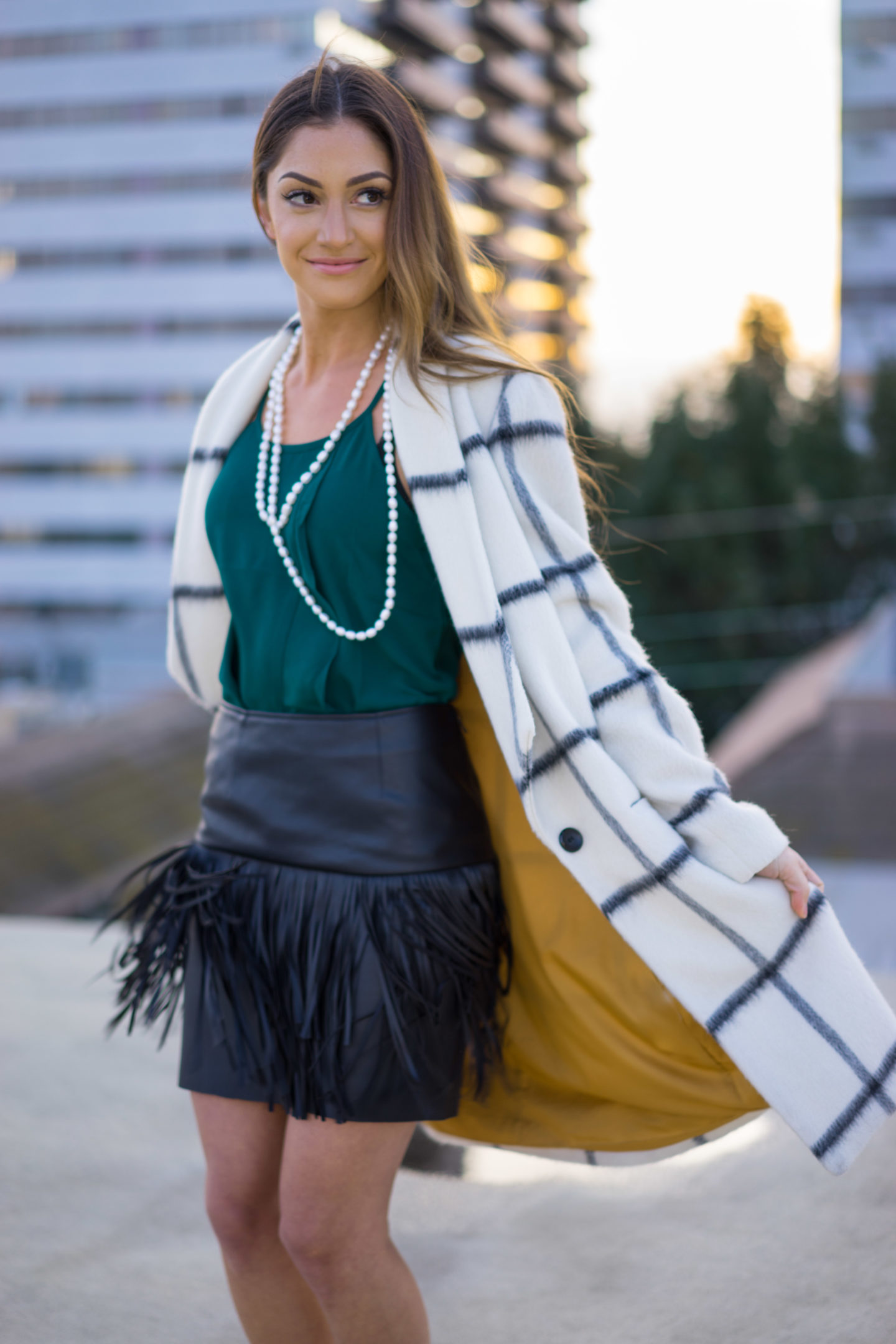 nordstrom fringe leather skirt faux checked coat